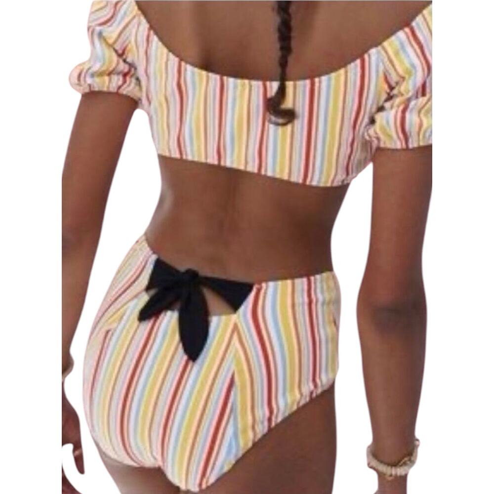 Lemlem Mokati Pouf Bikini Swimsuit High Waisted Bottoms Lemon Zest Stripe Small